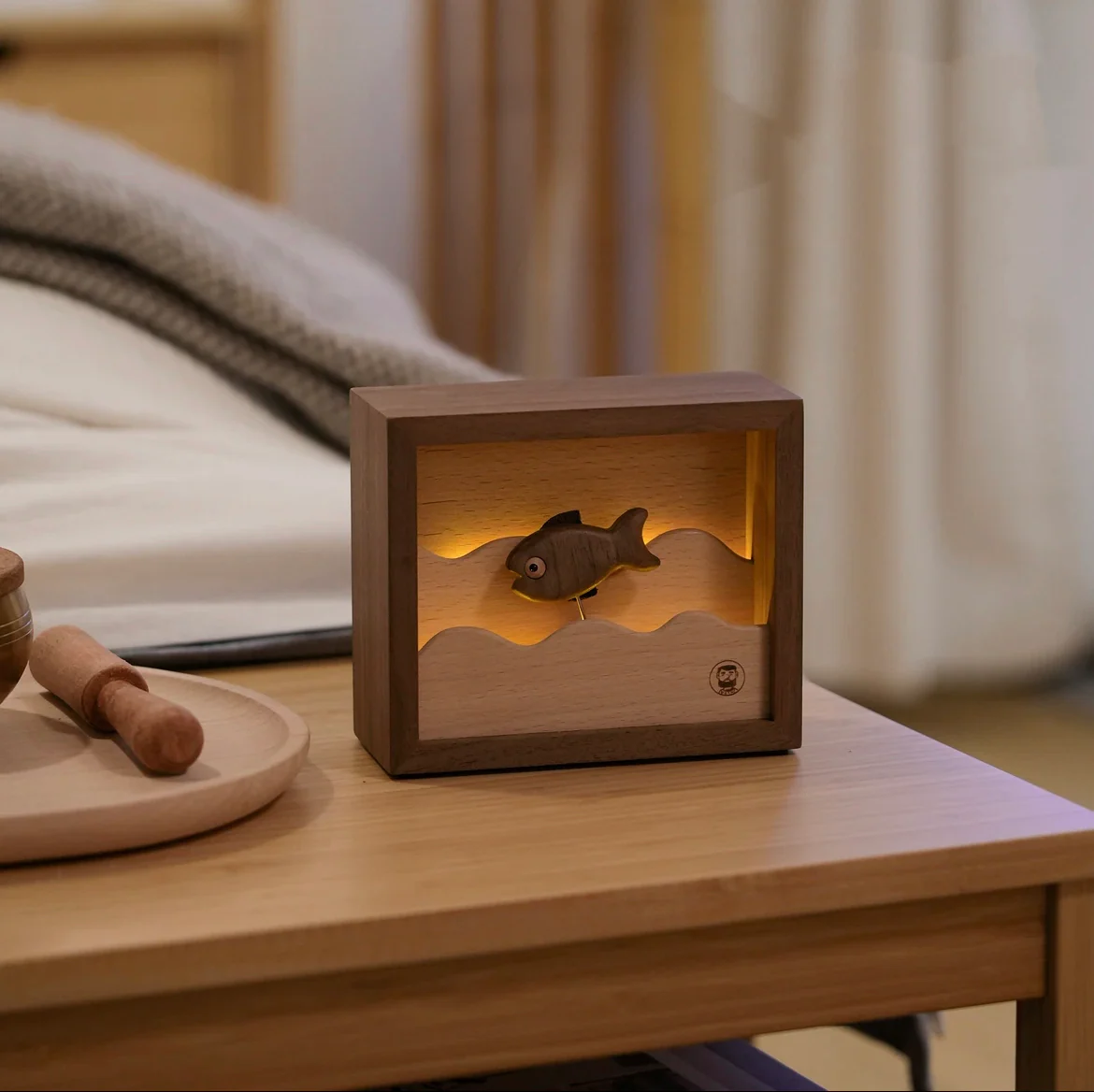 Original Handcrafted Walnut Wood Fish Night Light - Unique Artwork for a Charming Space - Unique Gift Home Decoration - Image 3