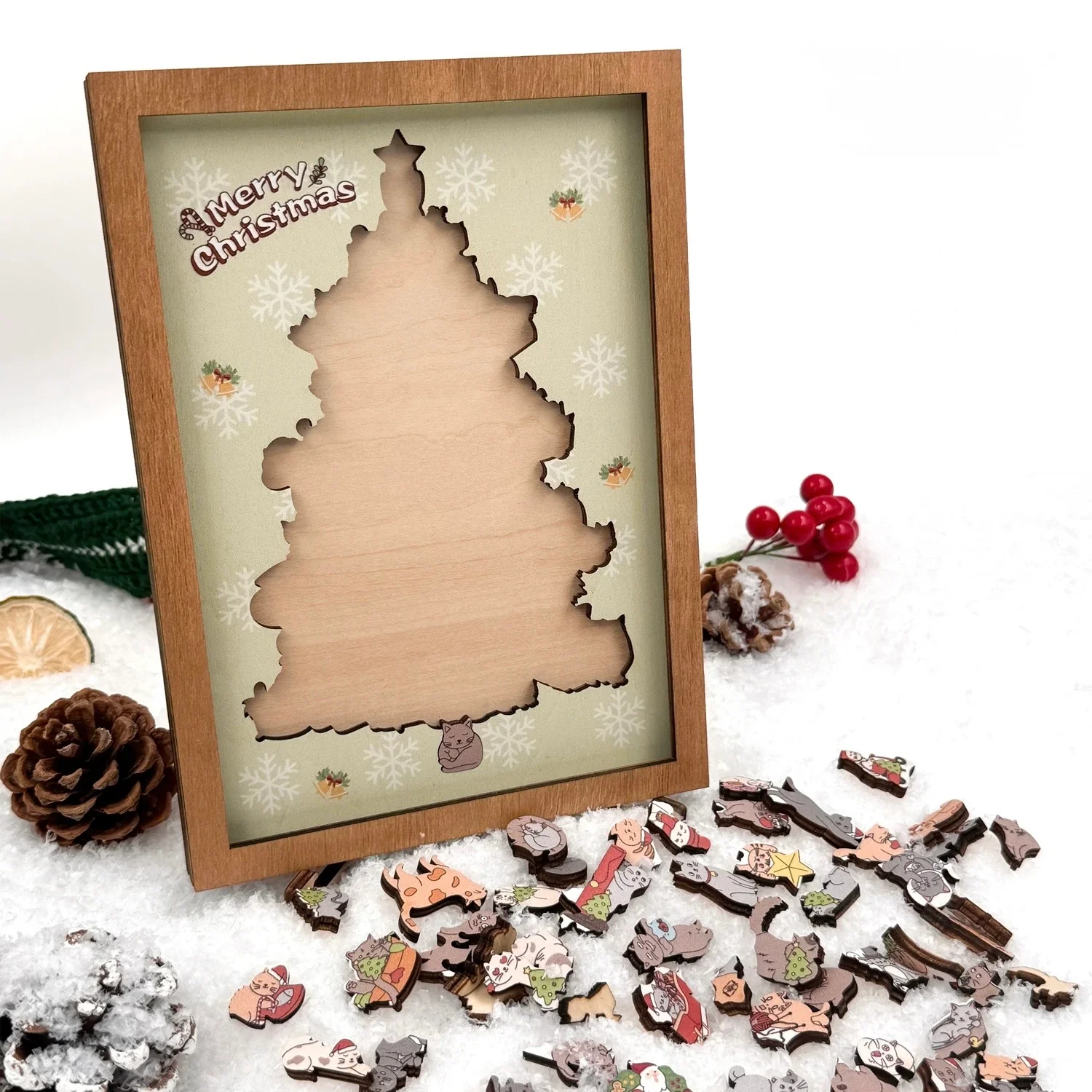 Cat Christmas Tree Framed Wooden Jigsaw Puzzle – Holiday Decor Wall Art with Clear Acrylic Cover - Image 3