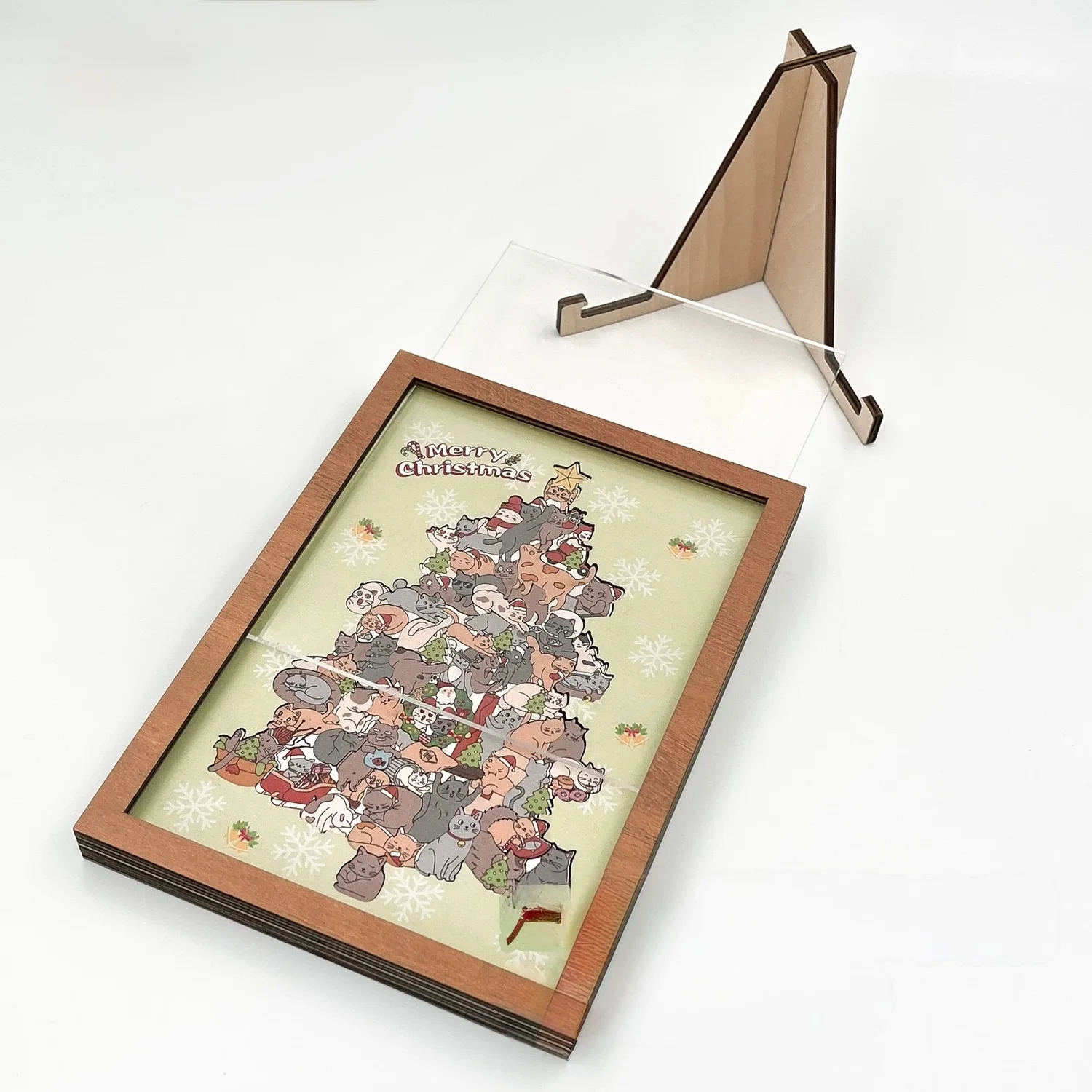 Cat Christmas Tree Framed Wooden Jigsaw Puzzle – Holiday Decor Wall Art with Clear Acrylic Cover - Image 5