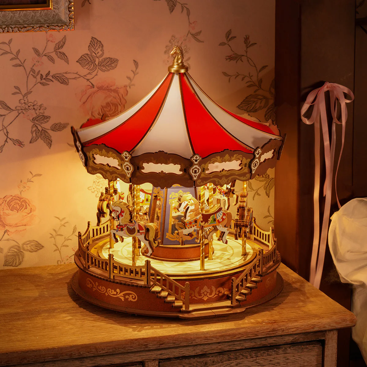 Classic Carousel 3D Wooden Puzzle — Rotating Music Box with LED Lights - Image 4