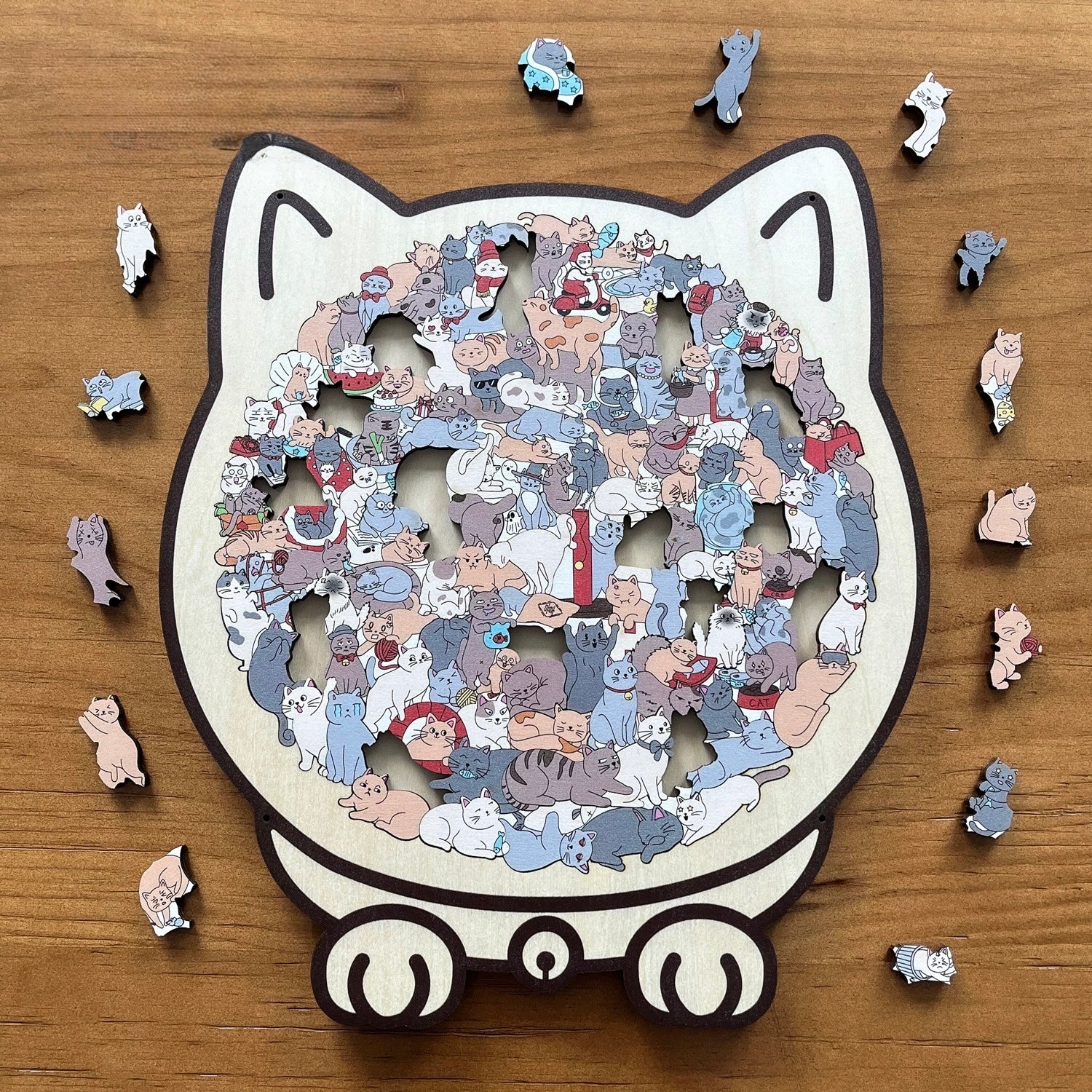 Cozy Cat Crowd — Wooden Jigsaw Puzzle (Cat-Shaped Board, Whimsy Pieces) - Image 3