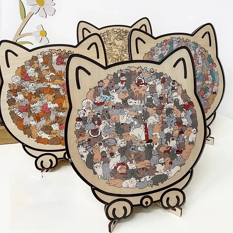 Cozy Cat Crowd — Wooden Jigsaw Puzzle (Cat-Shaped Board, Whimsy Pieces) - Image 4