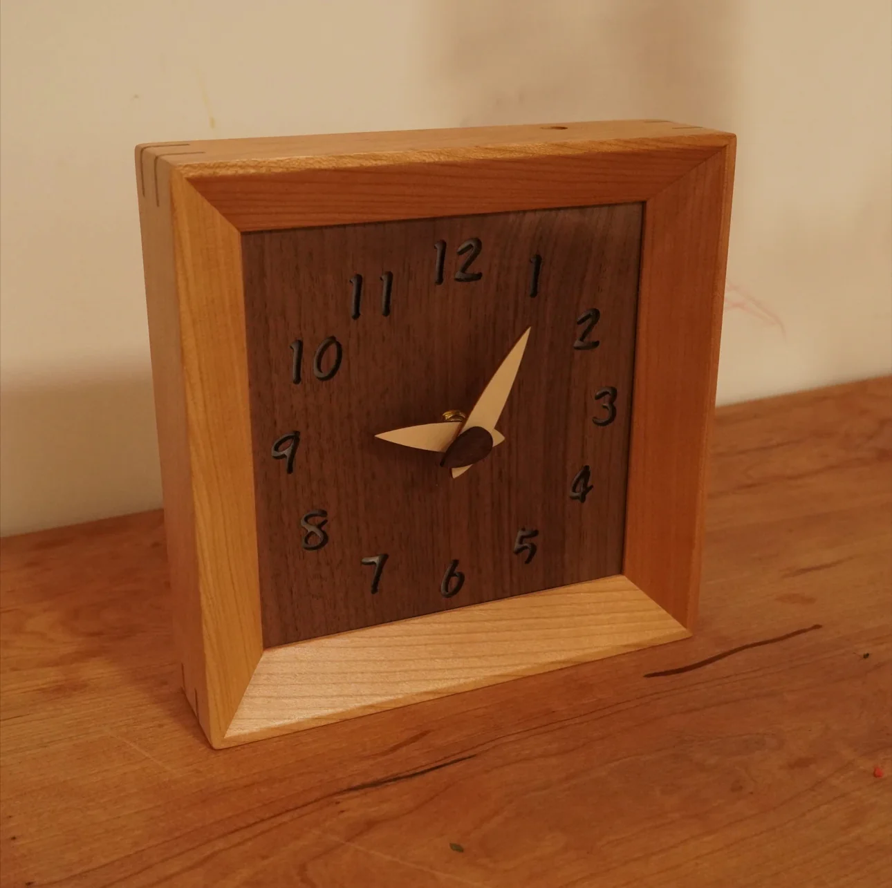 CraftsMM Handmade Wooden Clock Silent Adjustable Soft Light, Cherry Wood Walnut Square Rustic Natural Wood Clocks Decor for Home Kitchen Living Room Office, Type-C Charger(8 Inch) - Image 5