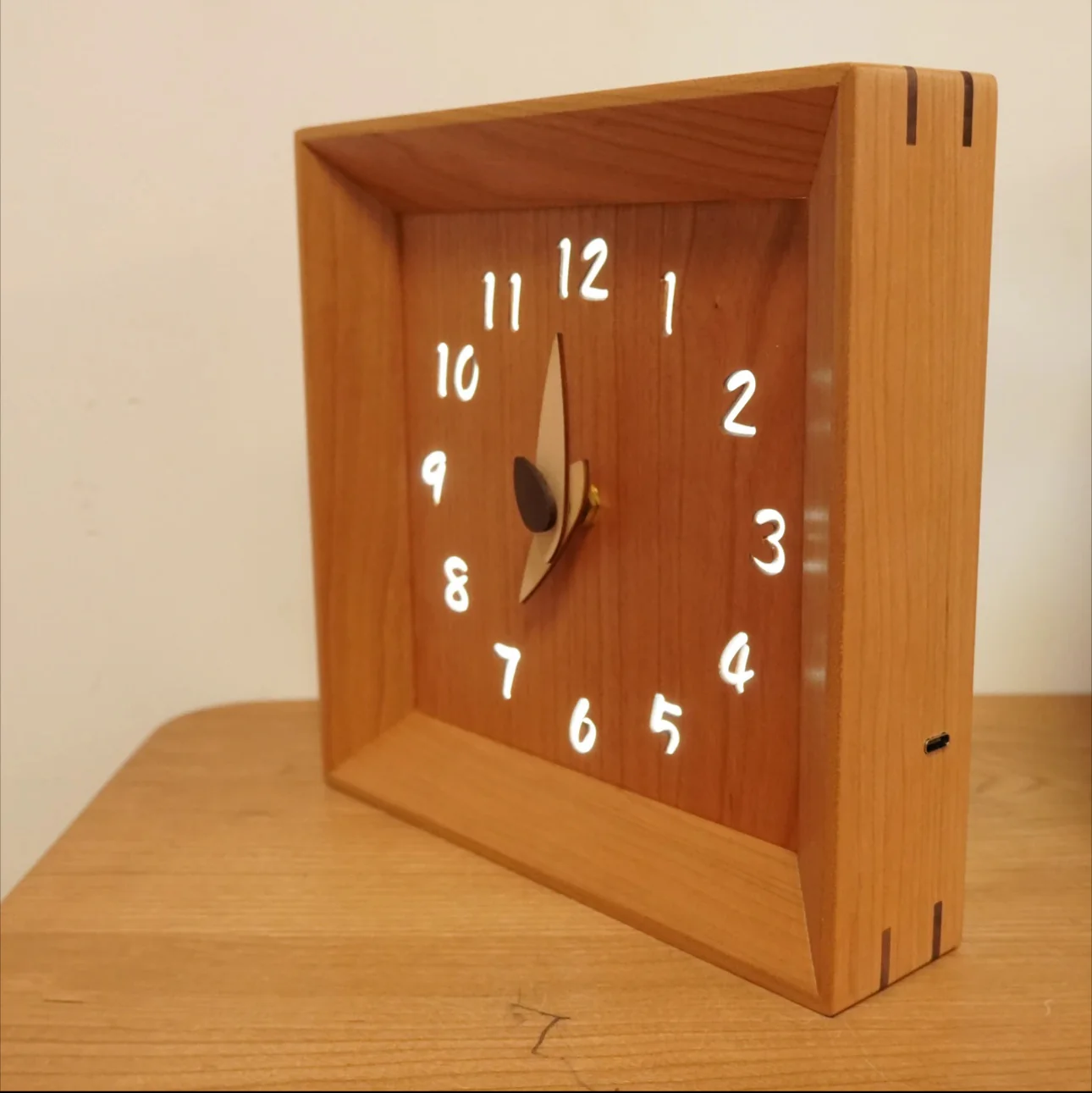 CraftsMM Handmade Wooden Clock Silent Adjustable Soft Light, Cherry Wood Walnut Square Rustic Natural Wood Clocks Decor for Home Kitchen Living Room Office, Type-C Charger(8 Inch) - Image 6