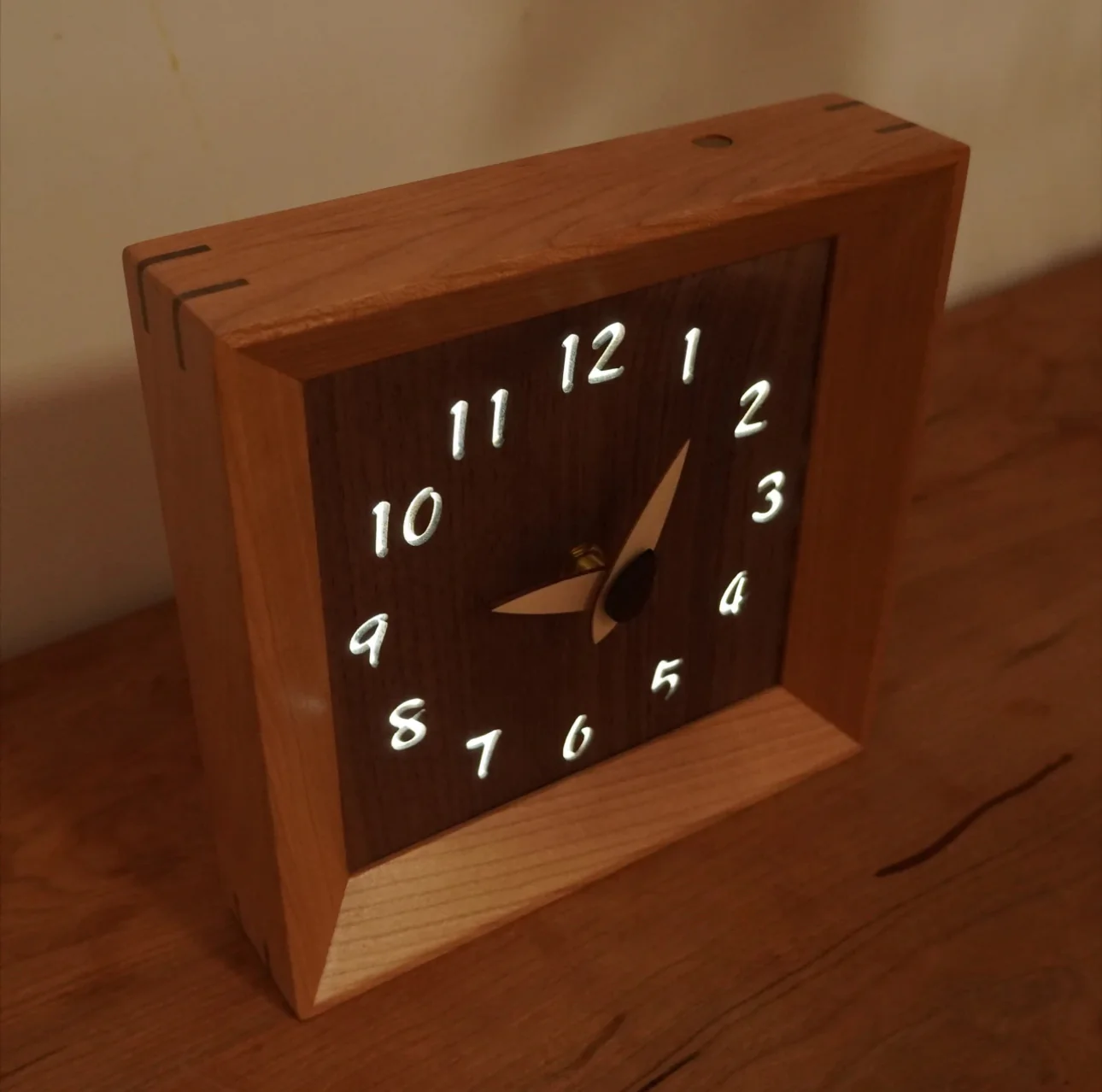 CraftsMM Handmade Wooden Clock Silent Adjustable Soft Light, Cherry Wood Walnut Square Rustic Natural Wood Clocks Decor for Home Kitchen Living Room Office, Type-C Charger(8 Inch) - Image 7