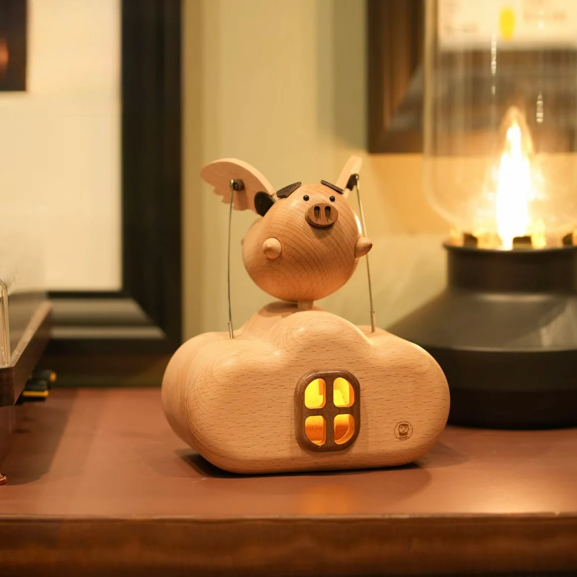 Original Flying Pig Cloud House Wooden Night Light – Handcrafted Winged Pig Desk Decor - Image 3
