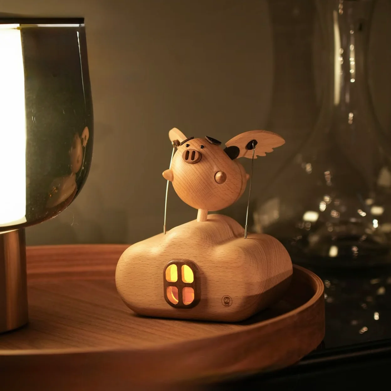 Original Flying Pig Cloud House Wooden Night Light – Handcrafted Winged Pig Desk Decor - Image 4
