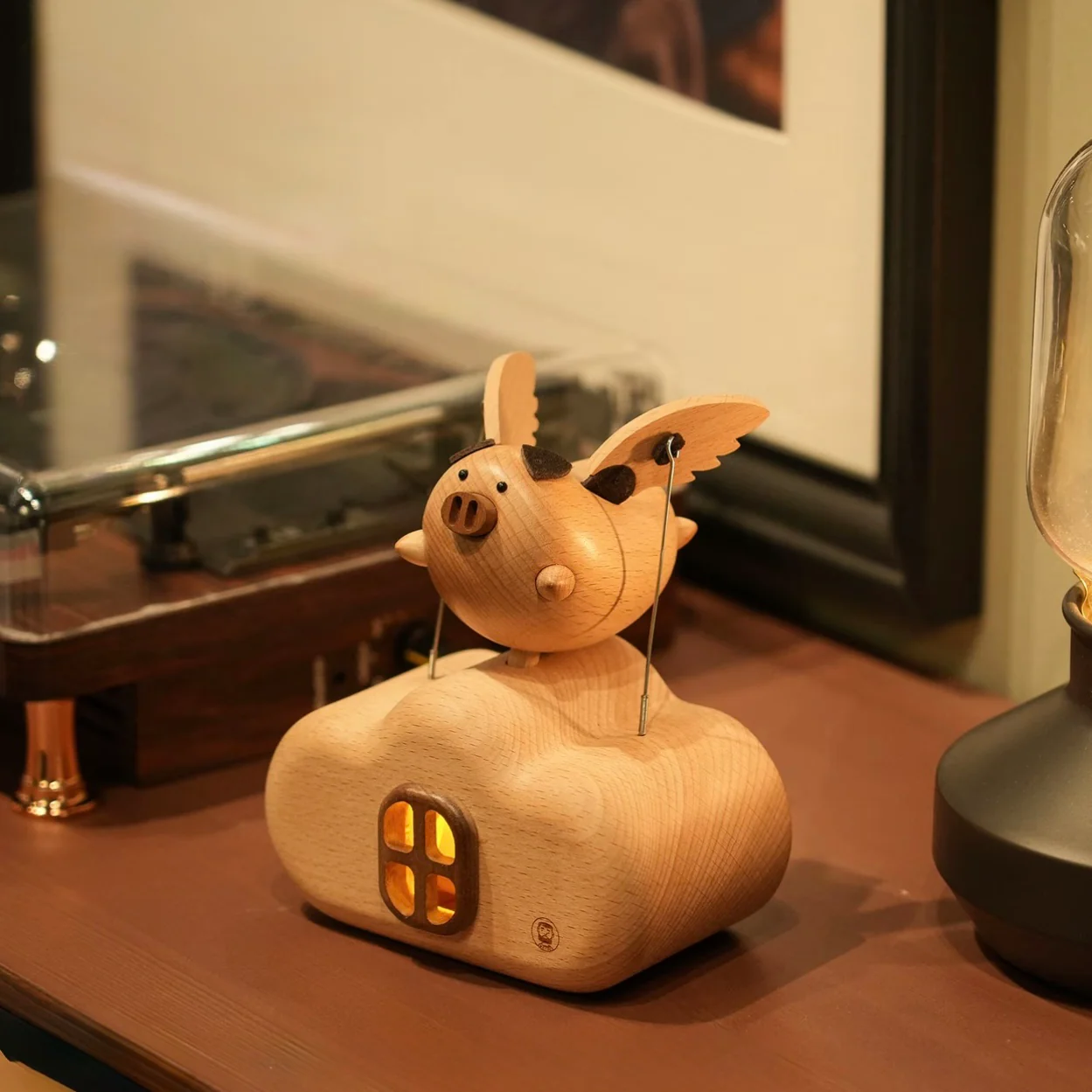 Original Flying Pig Cloud House Wooden Night Light – Handcrafted Winged Pig Desk Decor - Image 5