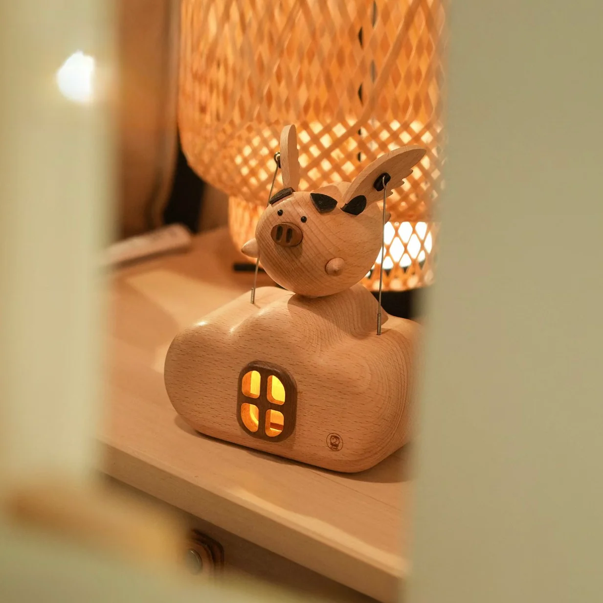Original Flying Pig Cloud House Wooden Night Light – Handcrafted Winged Pig Desk Decor - Image 6