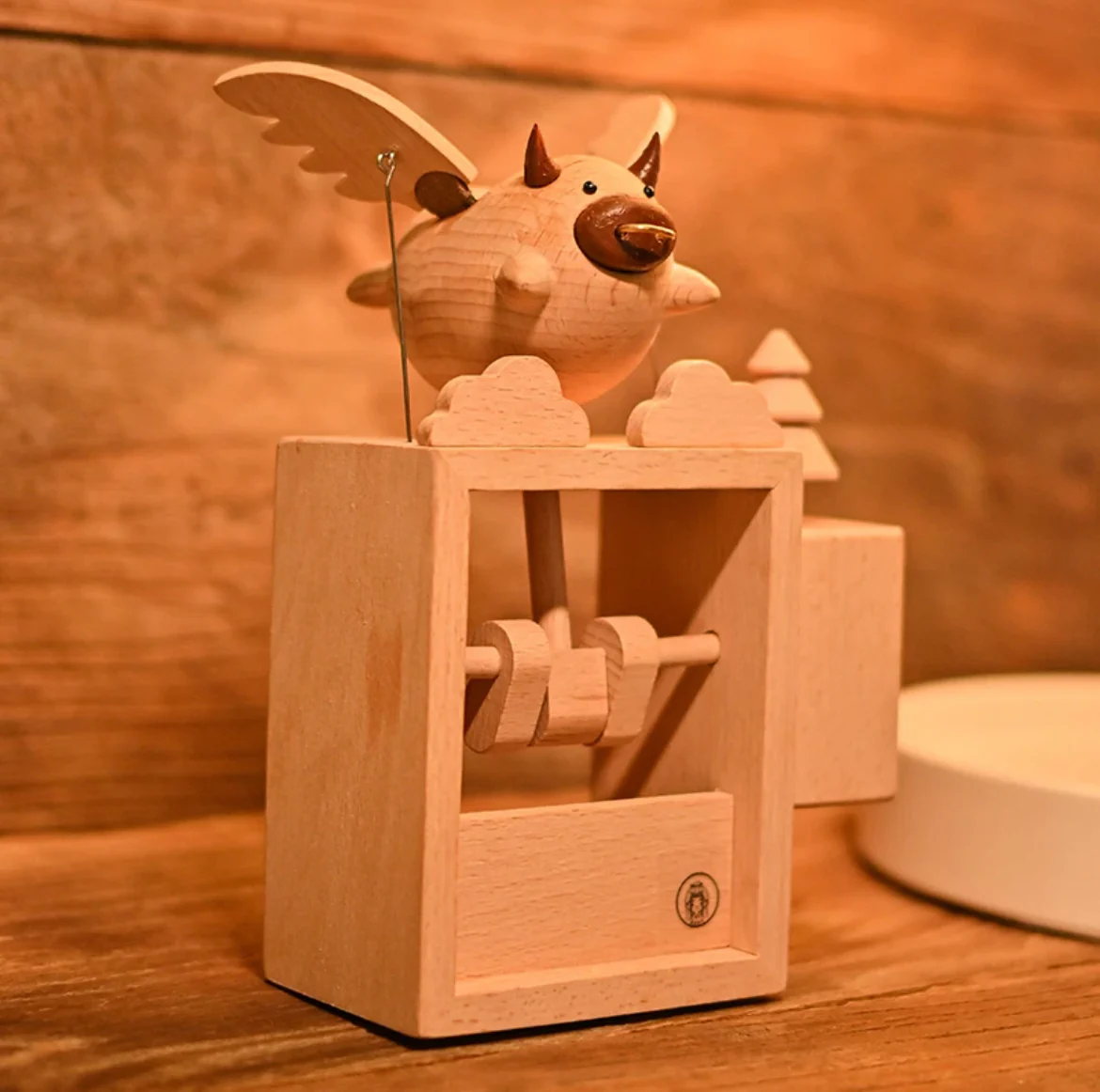 Original Handmade Wooden Craft Flying Cow with Speaker - Image 3