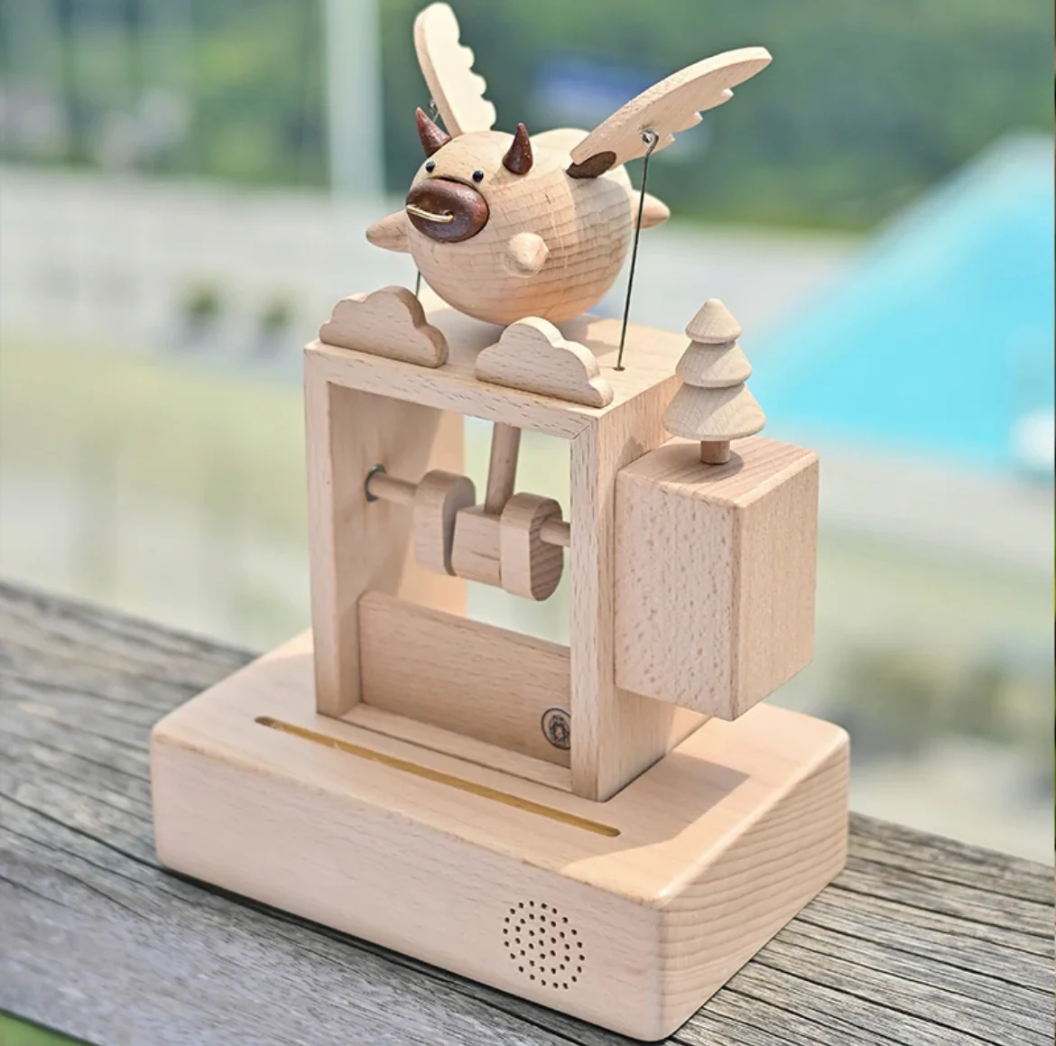 Original Handmade Wooden Craft Flying Cow with Speaker - Image 4