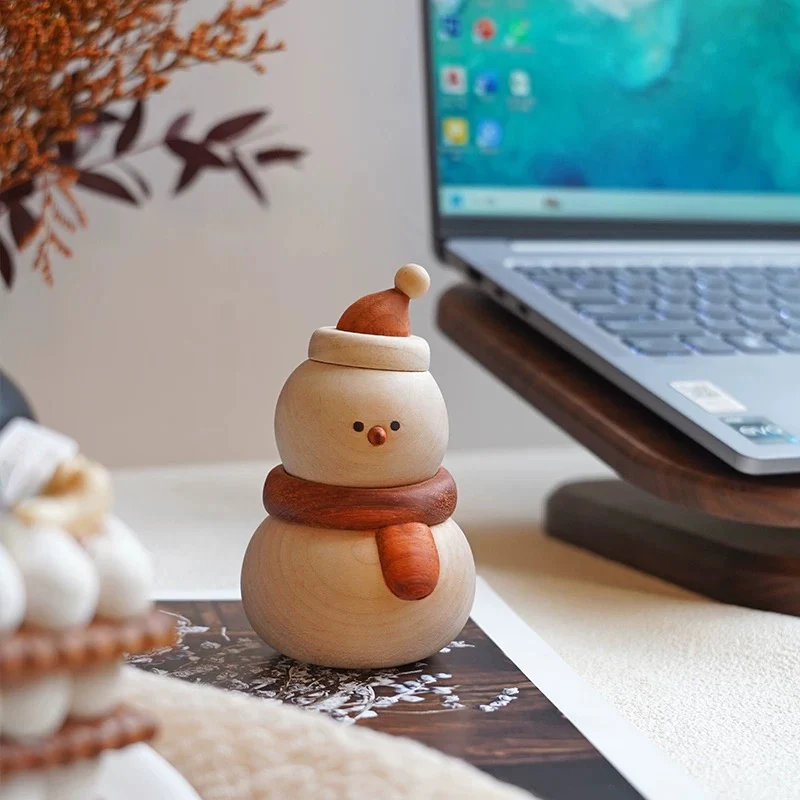 Hand-carved Solid Wood Snowman Decoration - Image 3