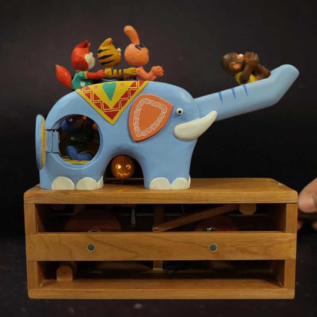 Hand-carved Wood Elephant Slide Automata: A Nostalgic Ride - Image 6