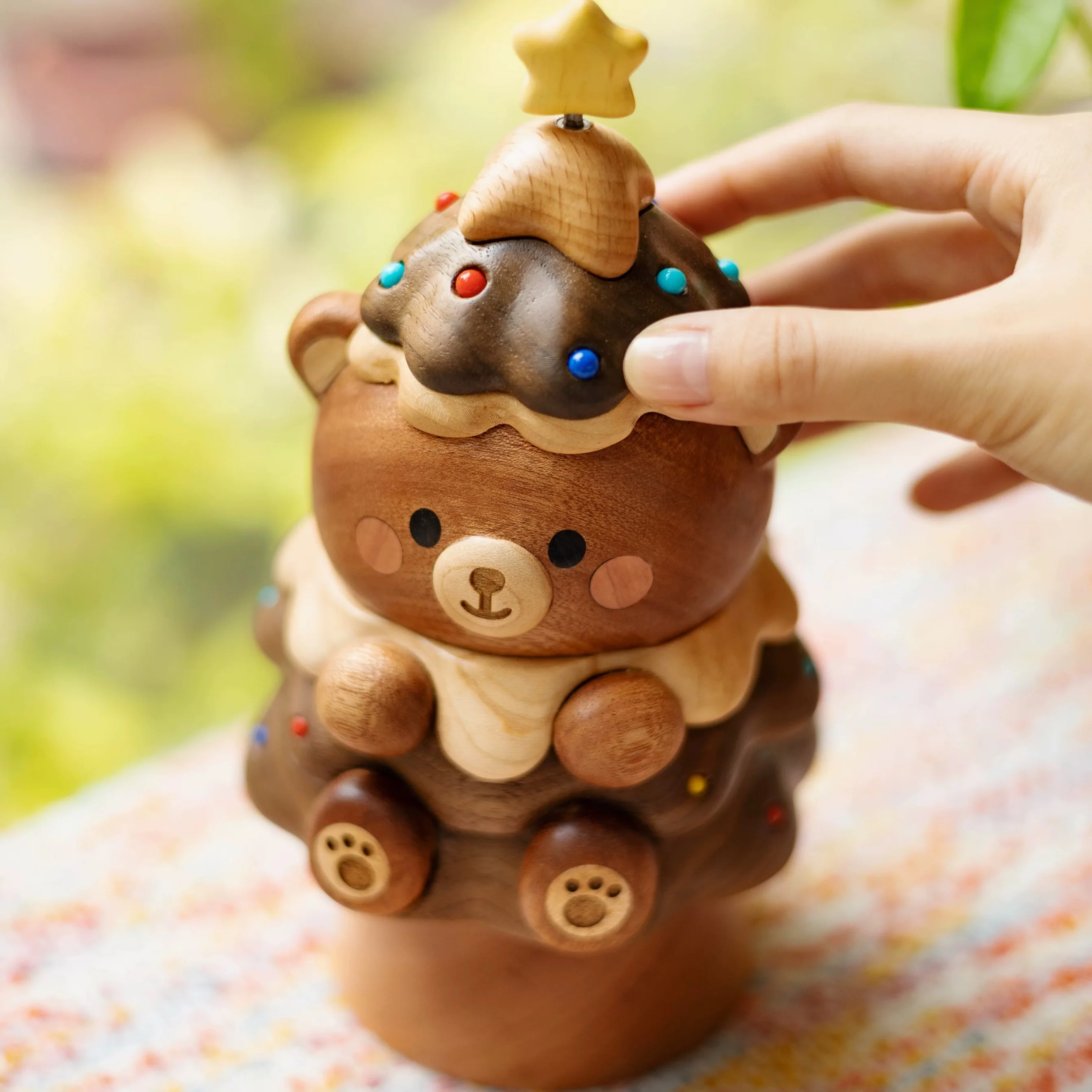 Original Handcrafted Wooden Bear Christmas Tree Music Box — Wind-Up Holiday Keepsake - Image 5