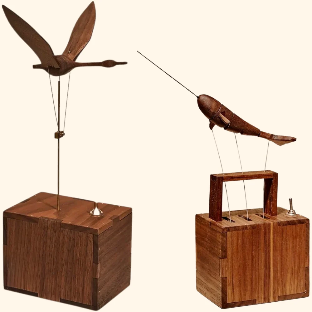 Handmade Walnut Wood Automata Jellyfish, Swan, Narwhal Music Box - Image 4