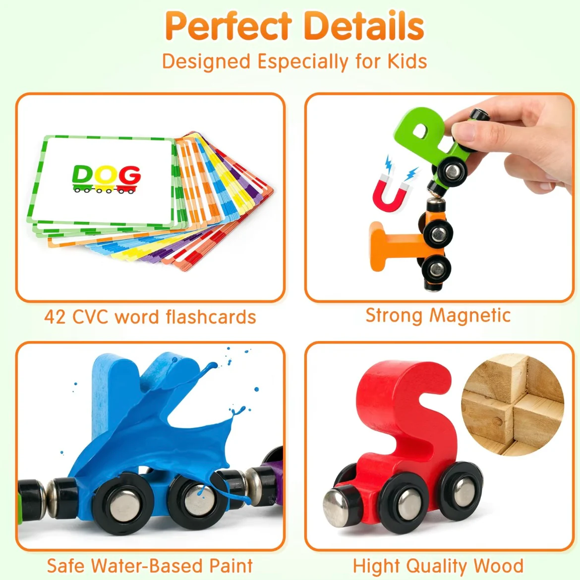Magnetic Alphabet Train Set with Word Cards – 26 Wooden Letter Cars & 42 Flashcards for Spelling, Early Learning & STEM Play - Image 3