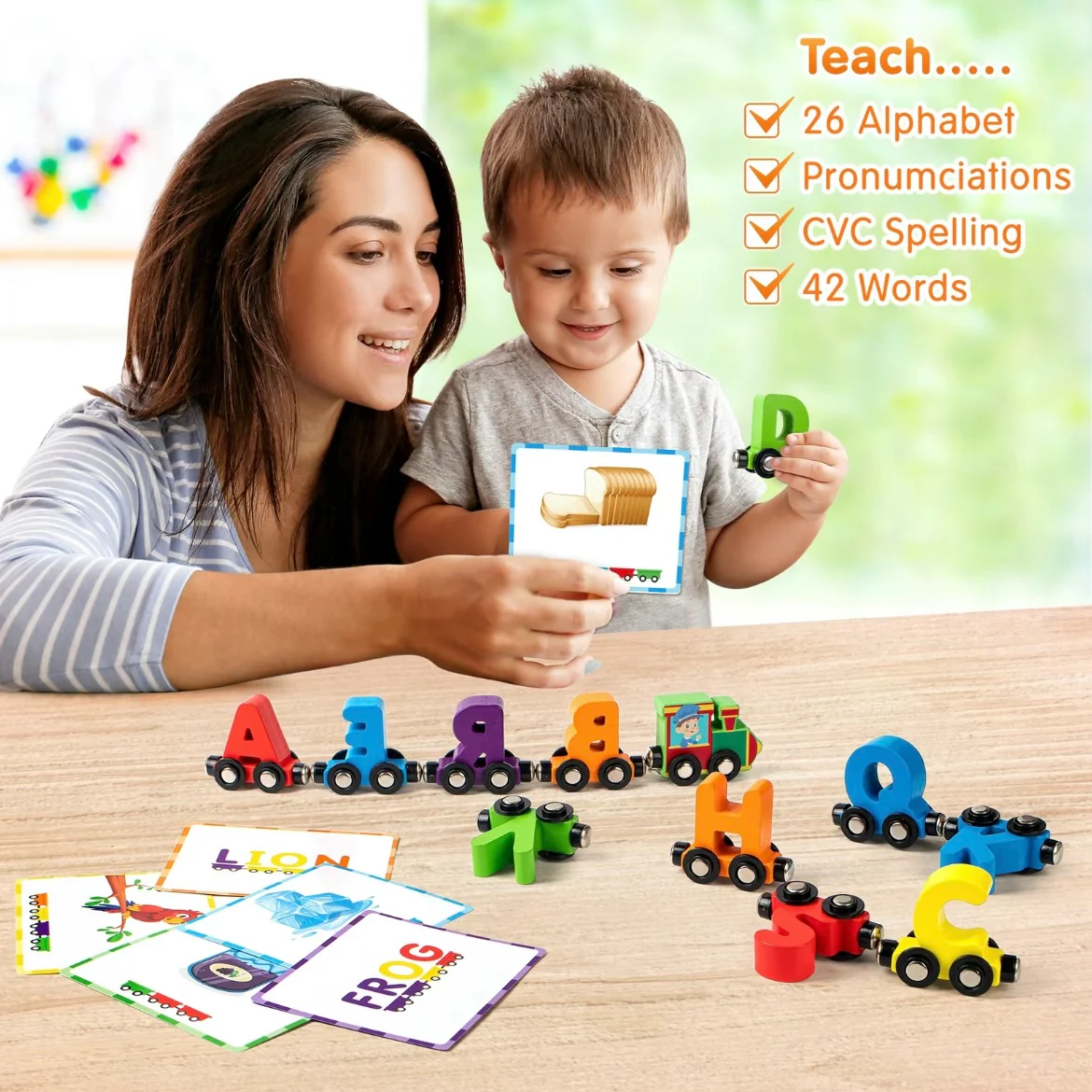 Magnetic Alphabet Train Set with Word Cards – 26 Wooden Letter Cars & 42 Flashcards for Spelling, Early Learning & STEM Play - Image 5