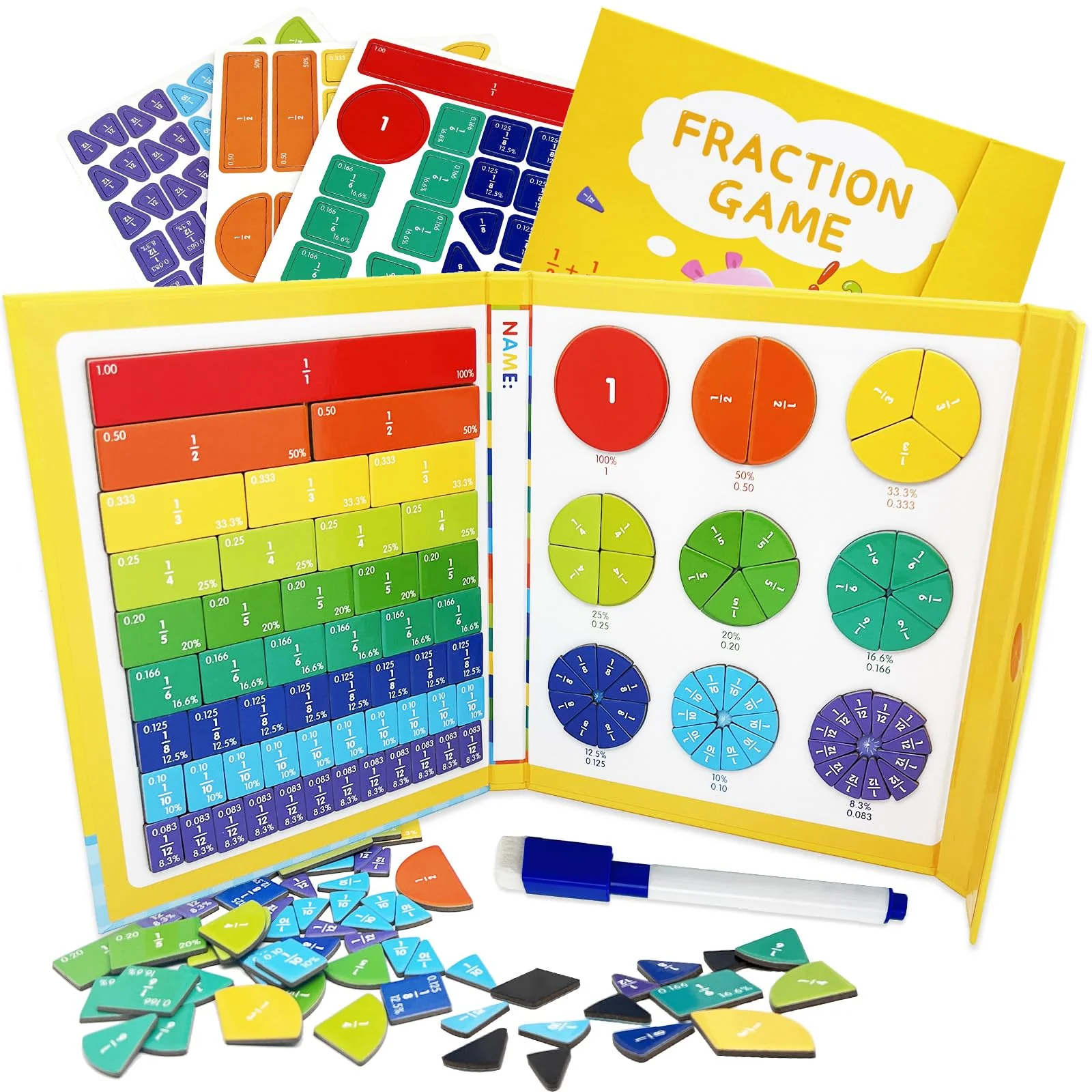 Magnetic Fraction Learning Kit for Kids – Colorful Math Manipulatives with Fraction Circles, Bars & Whiteboard – Montessori Educational STEM Toy for Classroom & Homeschool