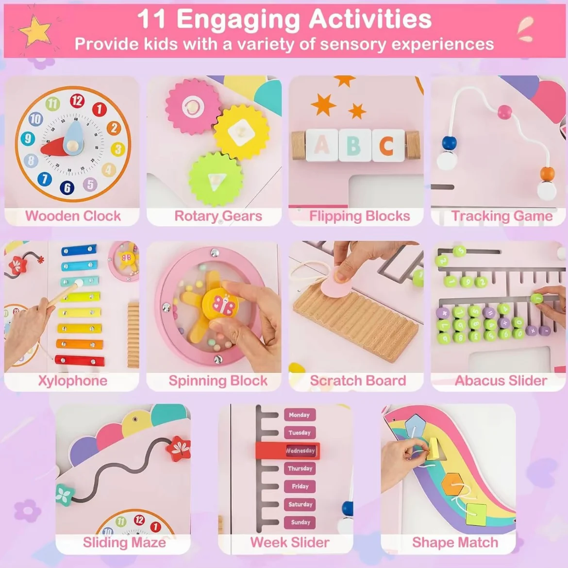 Montessori Wall-Mounted Busy Board for Toddlers – Unicorn & Dinosaur Wooden Sensory Activity Board - Image 3