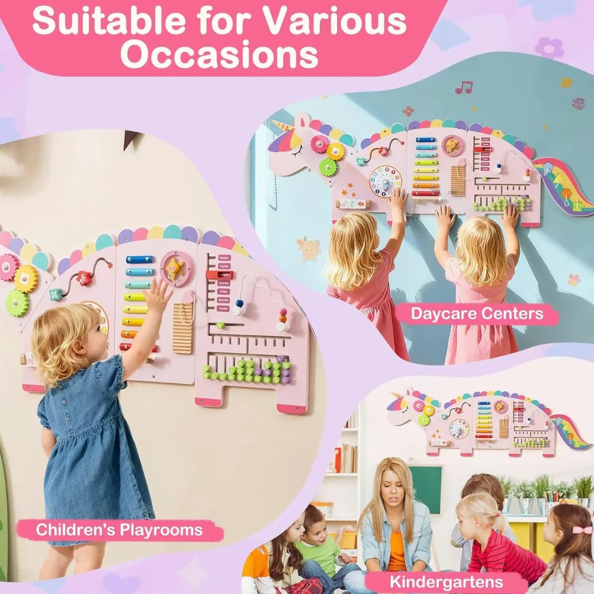 Montessori Wall-Mounted Busy Board for Toddlers – Unicorn & Dinosaur Wooden Sensory Activity Board - Image 4