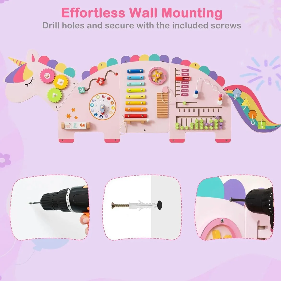 Montessori Wall-Mounted Busy Board for Toddlers – Unicorn & Dinosaur Wooden Sensory Activity Board - Image 5