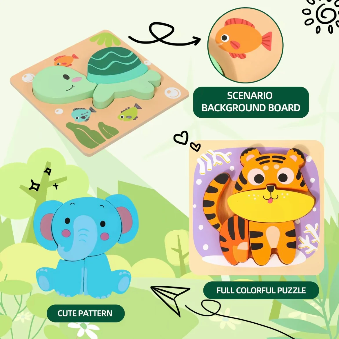 Montessori Wooden Animal Puzzle Set for Toddlers – 3D Chunky Blocks Educational Toy (6pcs) - Image 3