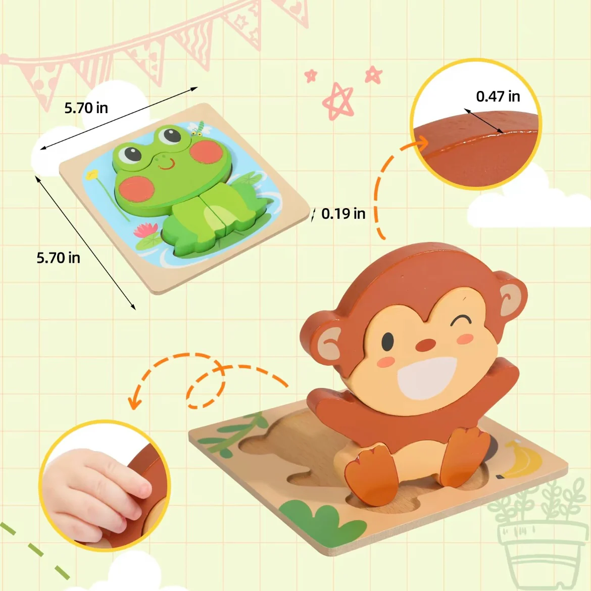 Montessori Wooden Animal Puzzle Set for Toddlers – 3D Chunky Blocks Educational Toy (6pcs) - Image 4
