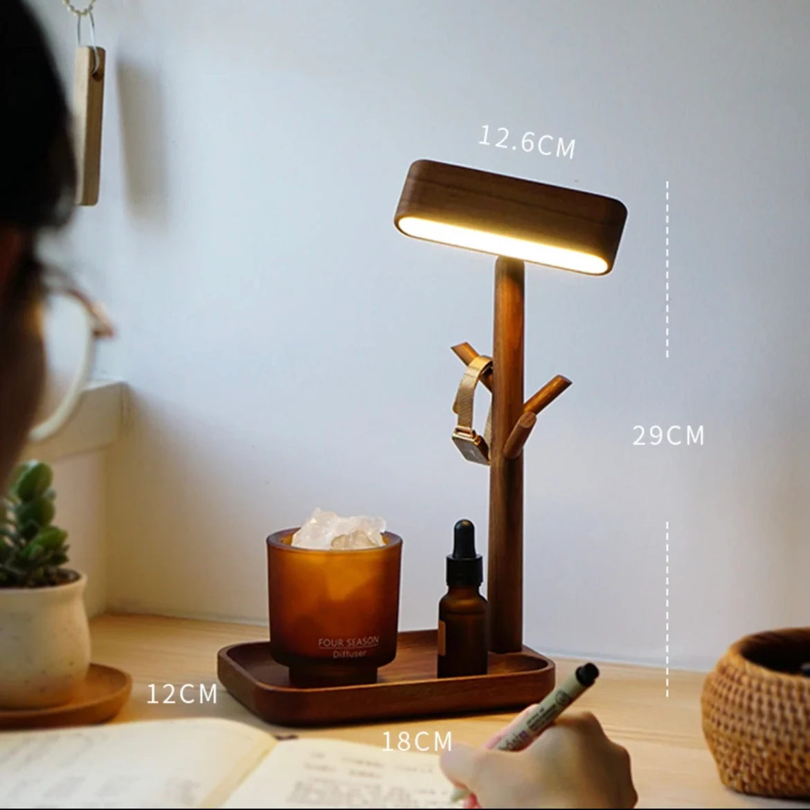 Multi-Functional Creative Walnut Desk Lamp, Small Items Storage Shelf, Study Desk Bedside Wall Lamp, Auto Memory Brightness, Eye-Care - Image 5