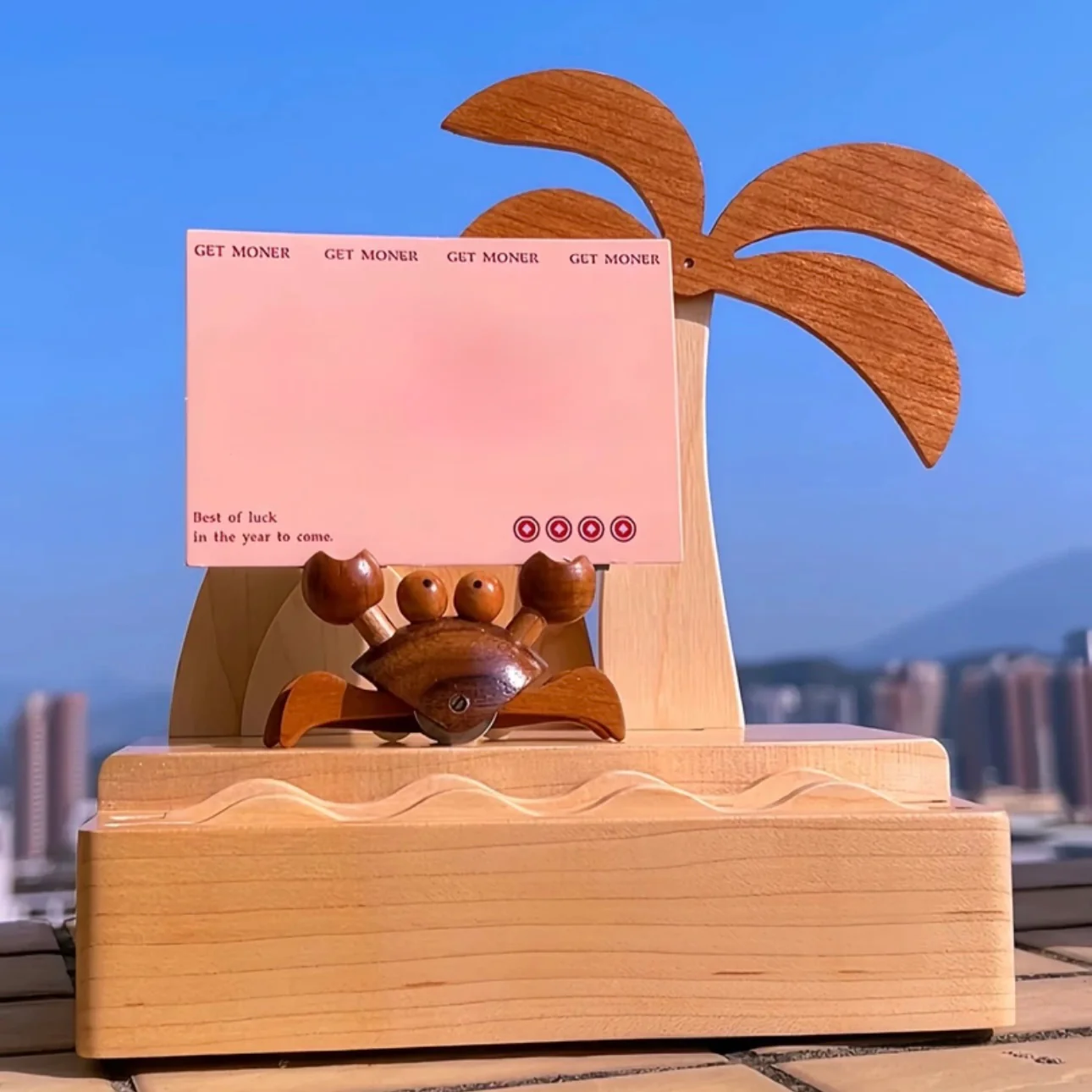 Original Lucky Crab Island Wooden Postcard Holder – Solid Wood Beach Desk Decor - Image 3