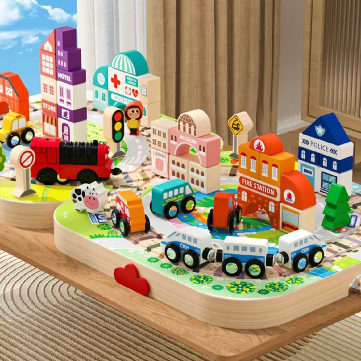 Wooden City Train Track Playset with Electric Locomotive & Building Blocks – Foldable Storage Table