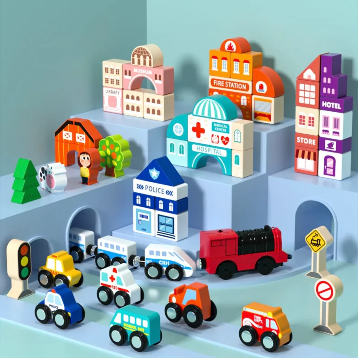 Wooden City Train Track Playset with Electric Locomotive & Building Blocks – Foldable Storage Table - Image 3