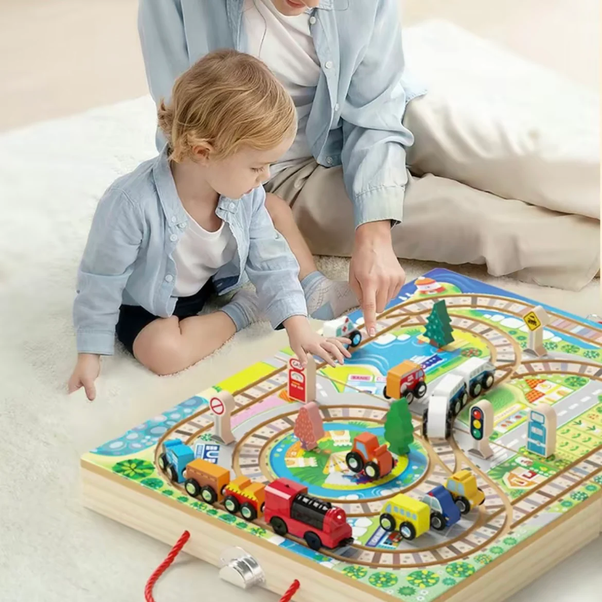 Wooden City Train Track Playset with Electric Locomotive & Building Blocks – Foldable Storage Table - Image 4