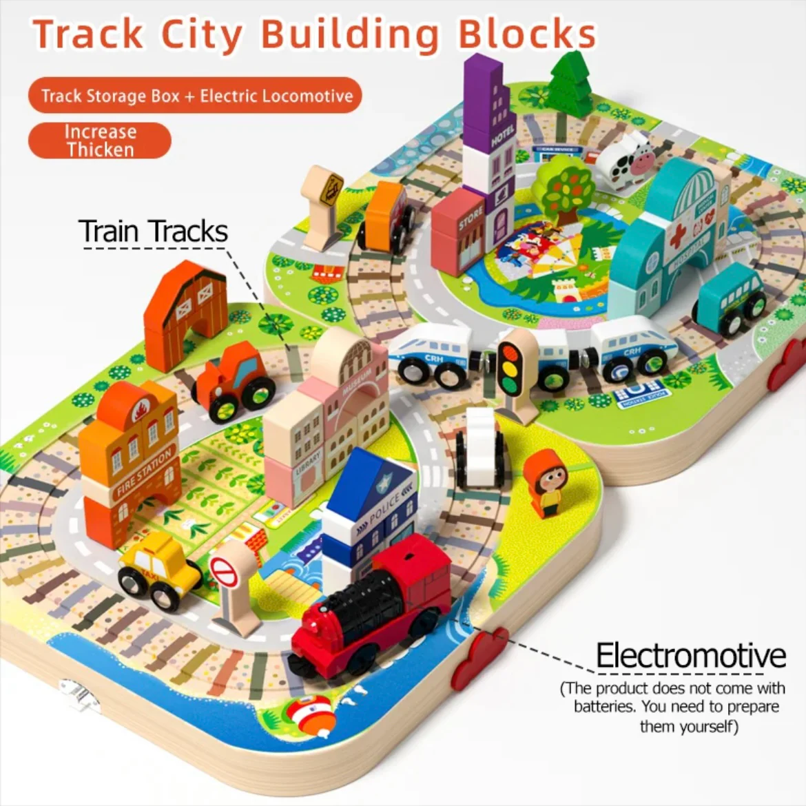 Wooden City Train Track Playset with Electric Locomotive & Building Blocks – Foldable Storage Table - Image 8