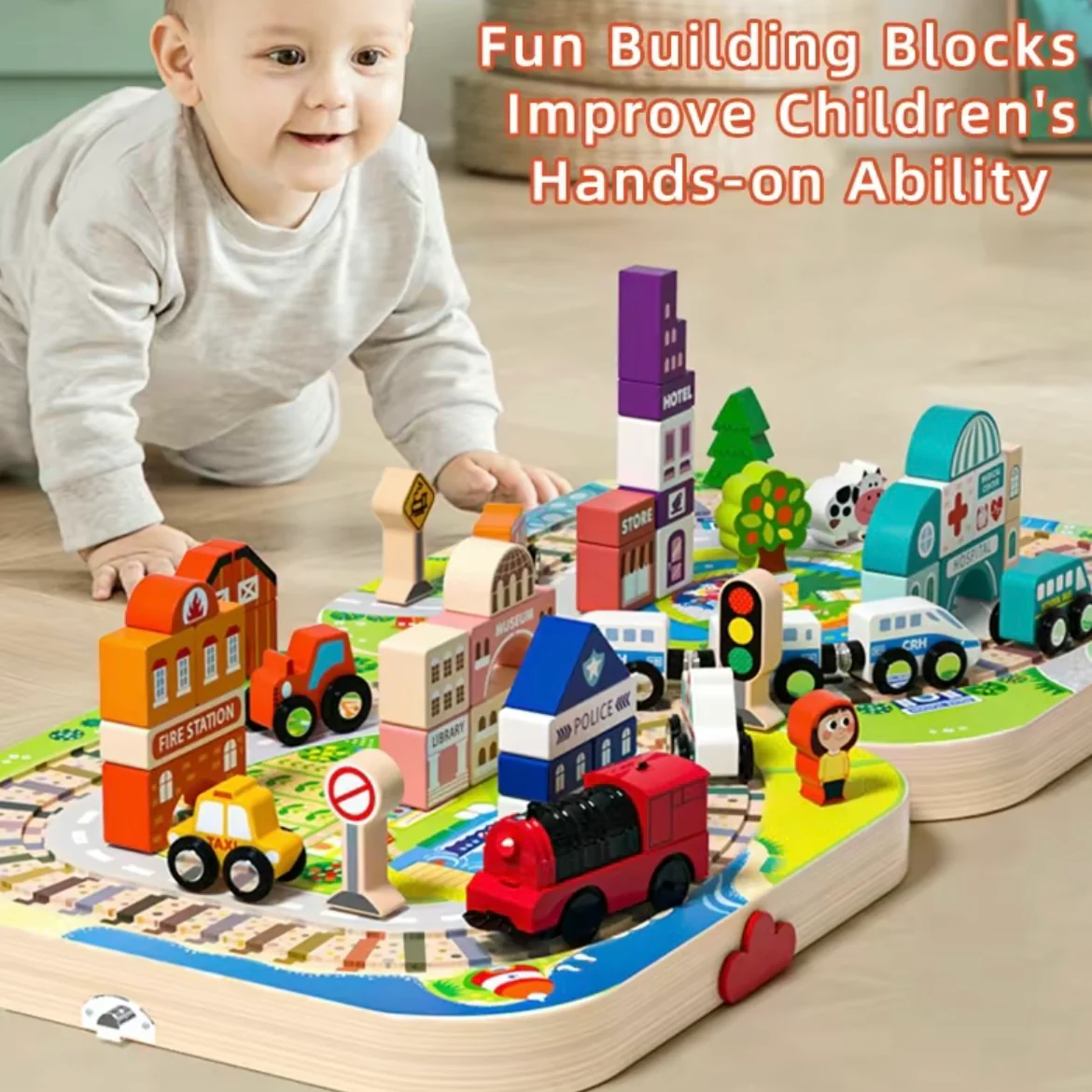 Wooden City Train Track Playset with Electric Locomotive & Building Blocks – Foldable Storage Table - Image 9