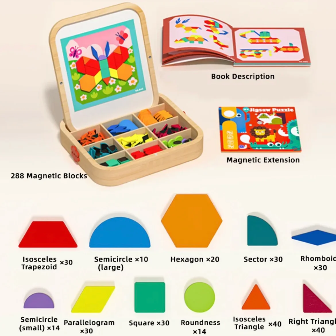 Wooden Magnetic Pattern Blocks – 288 Pieces Montessori Puzzle Toy for Kids Ages 4–8 - Image 5